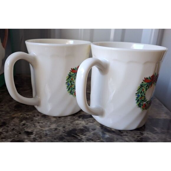 2 Vintage Salem Porcelle Christmas Tree Wreath Coffee Tea Cup Mug Made in France - Picture 7 of 8